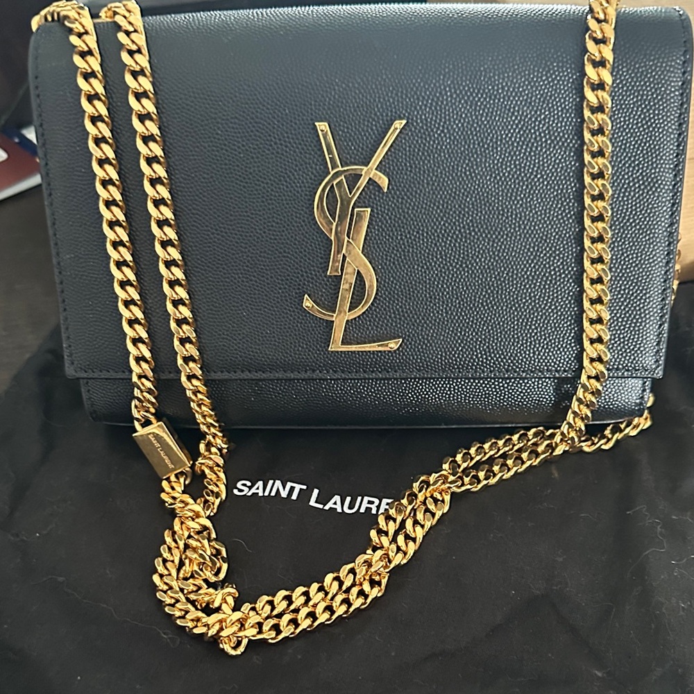 Saint Laurent Black Leather Wallet with Gold YSL Chain and Logo